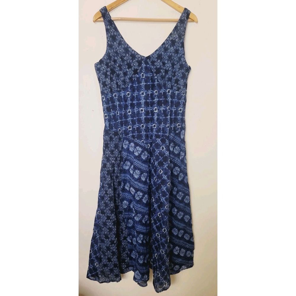Jones New York Patchwork Dress Women's 16 100% Cotton Blue Mixed Print Midi